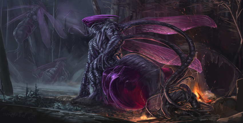 2017 4_fingers abdomen absurd_res alien amalgamate_(themefinland) ambiguous_gender ambiguous_species anthro clothed clothing detailed_background fire flying forced forest full-length_portrait goo_creature group hi_res insect_abdomen_pussy insect_wings long_tongue night outside portrait purple_skin sequence stomach_bulge tentacle tentacle_monster themefinland tongue translucent translucent_body translucent_wings tree unbirthing vore webbed_hands wings