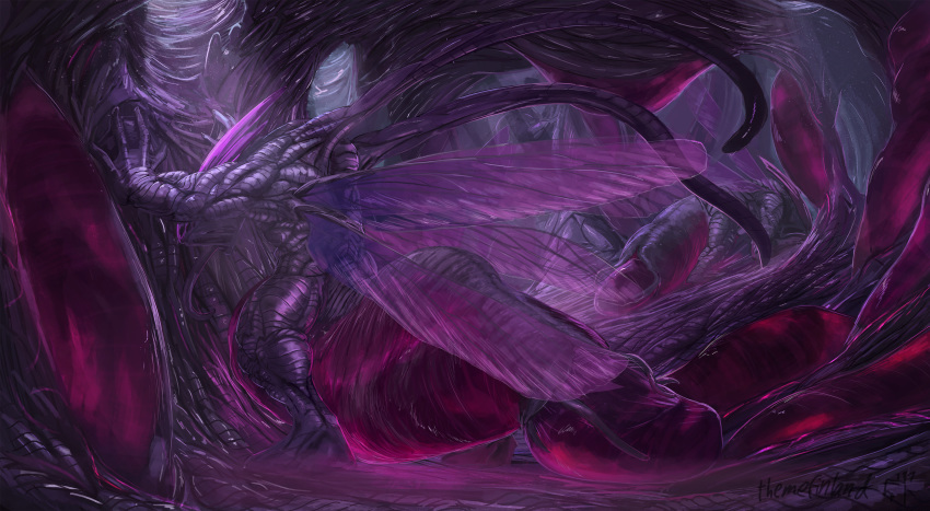 2017 4_fingers abdomen absurd_res alien amalgamate_(themefinland) ambiguous_gender assimilation cocoon detailed_background full-length_portrait furry goo_creature group hi_res hive insect_abdomen_pussy insect_wings inside leaning leaning_forward nude portrait purple_skin purple_theme sequence tentacle tentacle_monster themefinland themefinland translucent translucent_body translucent_wings webbed_hands wings