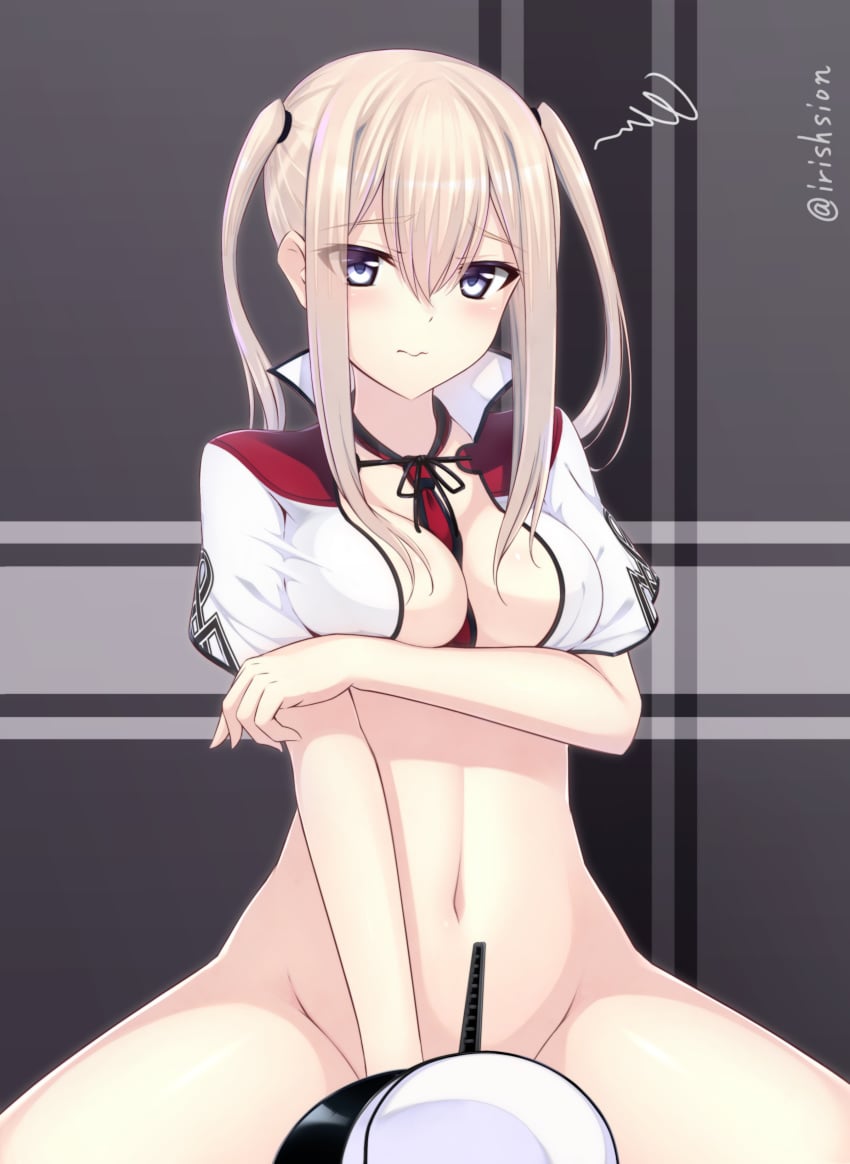 3: bangs between_breasts black_necktie black_neckwear blonde_hair blue_eyes blush bottomless breasts capelet closed_mouth covering covering_crotch female graf_zeppelin_(kantai_collection) groin hair_between_eyes hat hat_removed headwear_removed high_resolution kantai_collection large_breasts long_hair looking_at_viewer murasame_shia navel necktie necktie_between_breasts pantyhose peaked_cap pout red_necktie red_neckwear sidelocks solo spread_legs squiggle striped striped_necktie striped_neckwear thighs tied_hair twintails very_high_resolution white_hat white_headwear