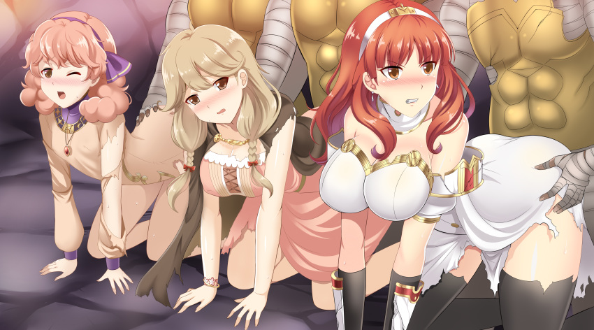 all_fours ass_grab blush brown_hair celica_(fire_emblem) clothed_sex doggy_style erect_nipples faye_(fire_emblem) female fire_emblem fire_emblem_echoes:_shadows_of_valentia fire_emblem_gaiden genny_(fire_emblem) pink_hair rape red_hair tears the-sinner torn_clothes