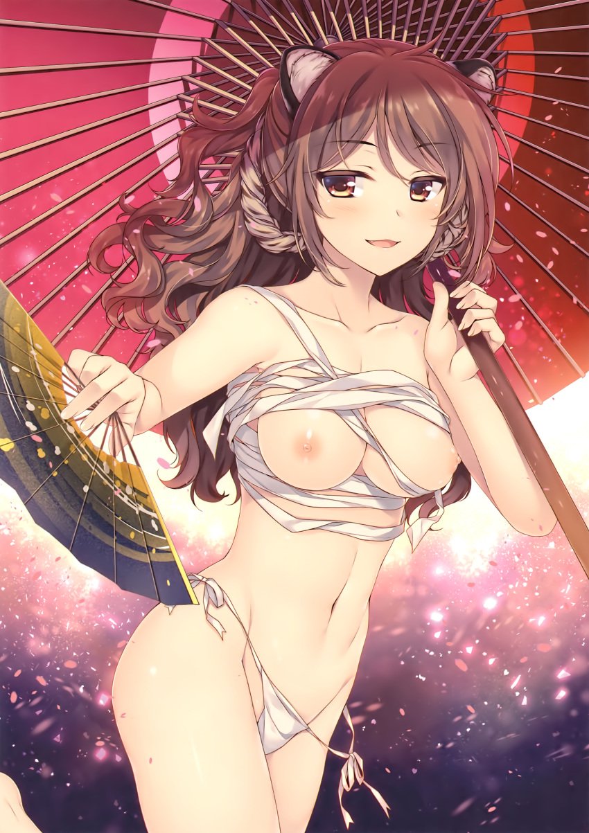 absurdres ahoge alpha_(yukai_na_nakamatachi) animal_ears bangs bare_arms bare_legs bare_shoulders barefoot blush breasts brown_eyes brown_hair cowboy_shot cropped cute_fang day eyebrows_visible_through_hair fan female fingernails folding_fan groin half-closed_eyes hands_up highres holding holding_fan holding_umbrella large_breasts leg_up legs_together long_fingernails long_hair looking_at_viewer medium_breasts midriff navel nipples one_leg_raised open_mouth oriental_umbrella original outdoors panties petals sarashi scan side-tie_panties smile solo standing standing_on_one_leg stomach tiger_ears tiger_girl toranoana umbrella underwear undone_sarashi wavy_hair white_panties