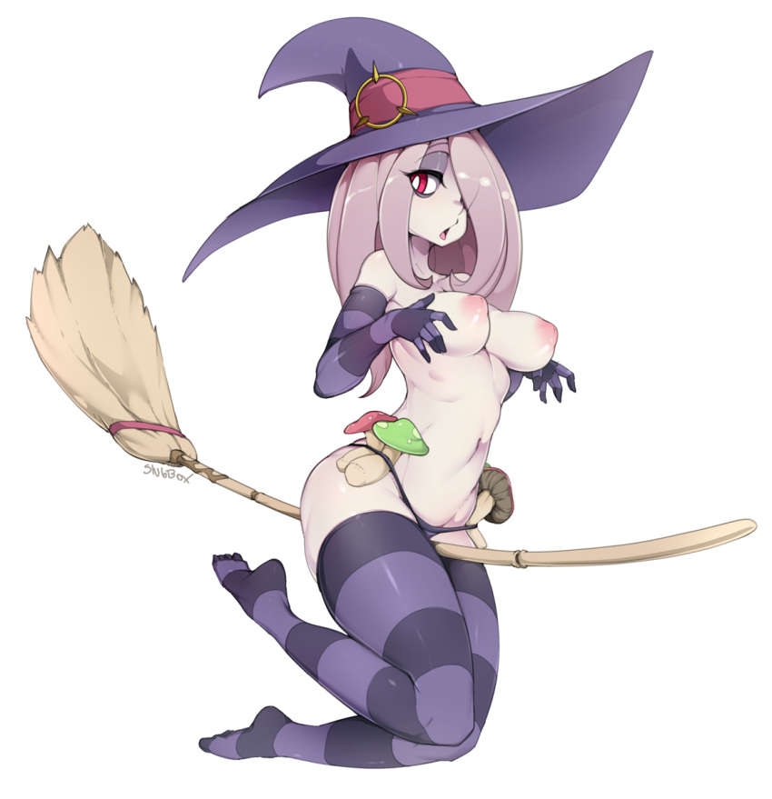 1girls areolae bikini bikini_bottom breasts breasts_out broom broom_riding brown_hair chubby dark_circles elbow_gloves exposed_breasts female female_only gloves hair_over_one_eye hat highres hips inverted_nipples little_witch_academia long_hair looking_at_viewer medium_breasts mushroom navel nipples no_bra open_mouth pale_skin panties perky_breasts puffy_nipples purple_bikini red_eyes seductive simple_background slugbox solo striped striped_gloves striped_legwear sucy_manbavaran swimsuit thick_thighs thighhighs thighs white_background witch witch_hat