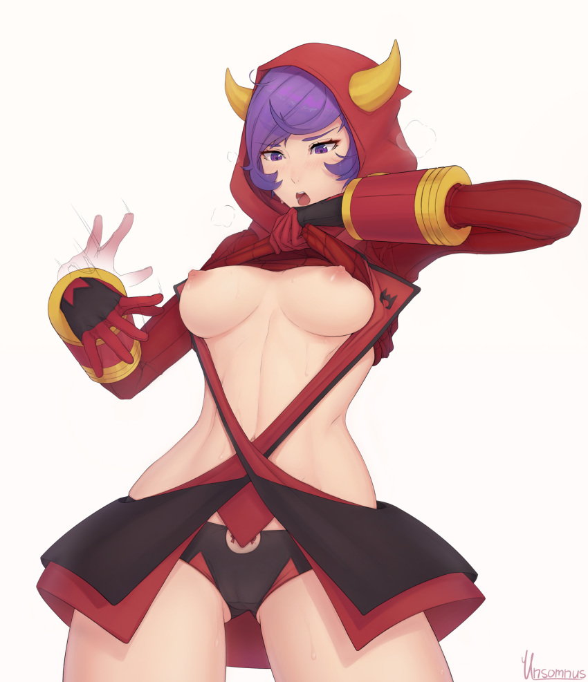 1girls areolae breasts courtney_(pokemon) courtney_(pokemon_oras) female female_only human human_only nintendo nipples pokemon pokemon_oras pokemon_rse purple_hair shirt_lift short_hair solo sweat team_magma text thighs unsomnus