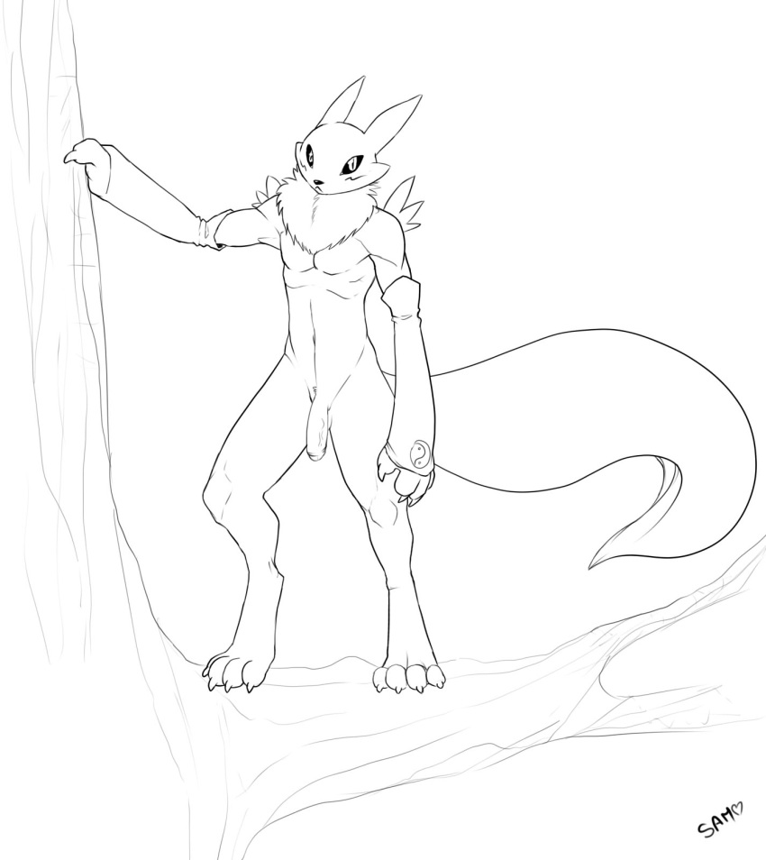 anthro athletic black_sclera canine digimon flaccid fox fur hi_res looking_at_viewer male male_only mammal monochrome muscular outside pecs penis renamon solo standing thunder-renamon tree uncut