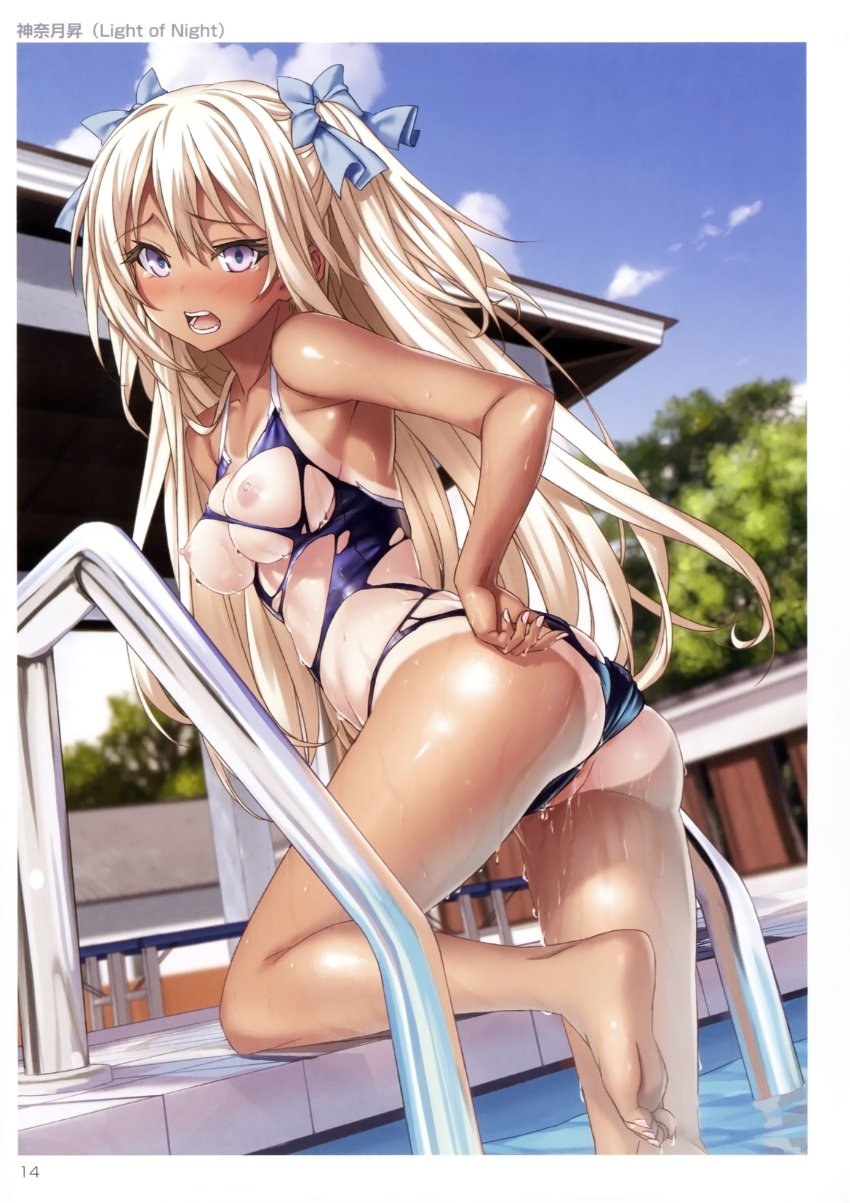 absurdres adjusting_clothes adjusting_swimsuit arched_back artist_name ass barefoot blonde_hair blue_sky blue_swimsuit blush bow breasts breasts_out cloud cloudy_sky competition_school_swimsuit dark-skinned_female dark_skin day dripping dutch_angle eyebrows eyebrows_visible_through_hair feet female fingernails getting_out_of_pool groin hair_between_eyes hairbow hand_on_hip highres kannatsuki_noboru leaning_forward leg_up long_fingernails long_hair looking_at_viewer looking_back medium_breasts nail_polish nipples one-piece_swimsuit one-piece_tan open_clothes open_mouth original outdoors pink_nails pool pool_ladder poolside purple_eyes scan school_swimsuit shiny shiny_clothes shiny_skin skindentation sky soles solo swimsuit tan tanline tearing_up teeth toenails toes toranoana torn_clothes torn_swimsuit tree two_side_up wading wet