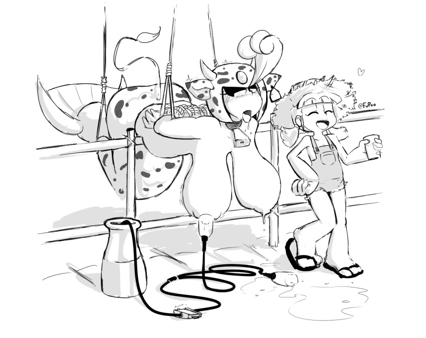 2girls big_breasts breasts clothed cow_girl drawn drinking_milk dungarees feet fupoo lactation mega_man mega_man(classic) milk_bottle milking milking_machine monochrome naked_overalls overalls partially_clothed robot robot_girl roll sandals splash_woman topless yuri