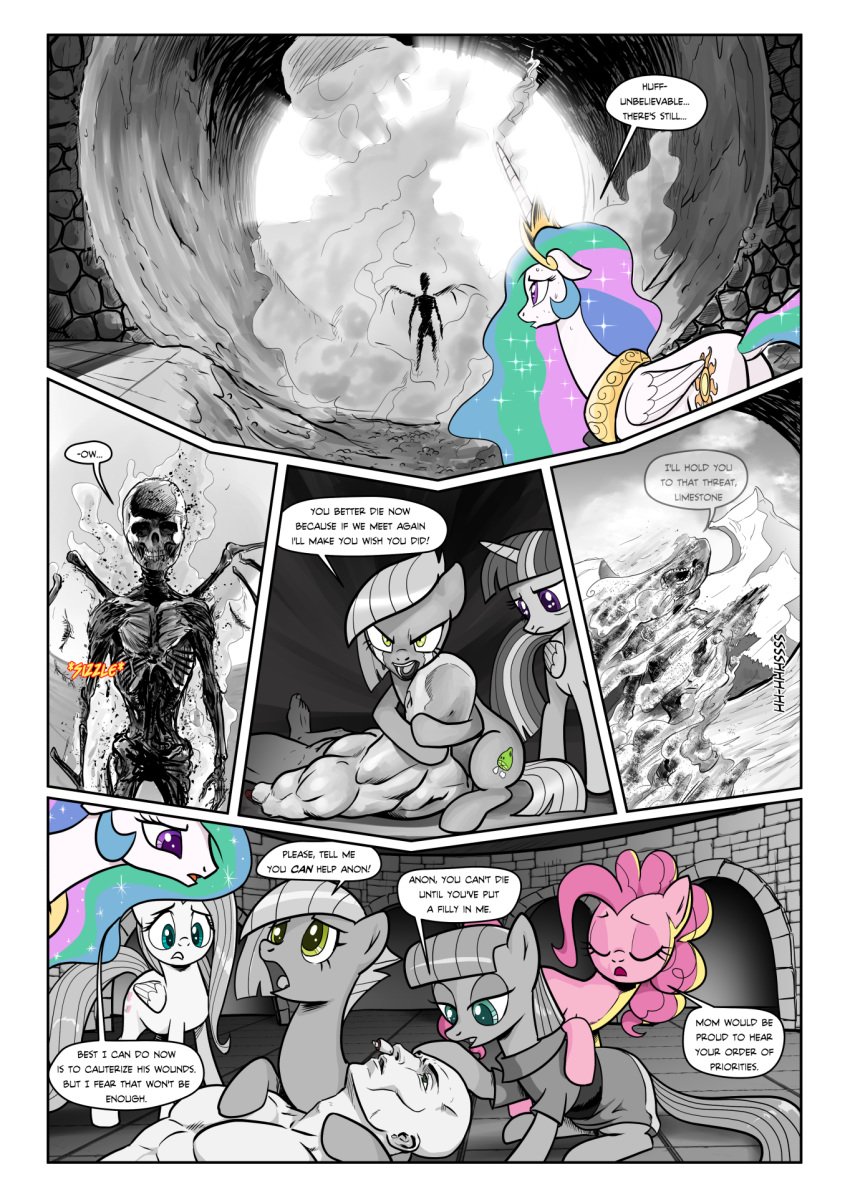 2017 alicorn anon blood blue_eyes bone closed_eyes comic crying cutie_mark deity dialogue dust earth_pony english_text equine eros feathered_wings feathers female feral fluttershy_(mlp) friendship_is_magic green_eyes greyscale highres horn horse hug human limestone_pie_(mlp) male mammal maud_pie_(mlp) monochrome multicolored_hair muscular muscular_male my_little_pony nude open_mouth pegasus pencils_(artist) pink_hair pinkie_pie_(mlp) pony princess_celestia_(mlp) skeleton sweat tears text tongue twilight_sparkle_(mlp) wings