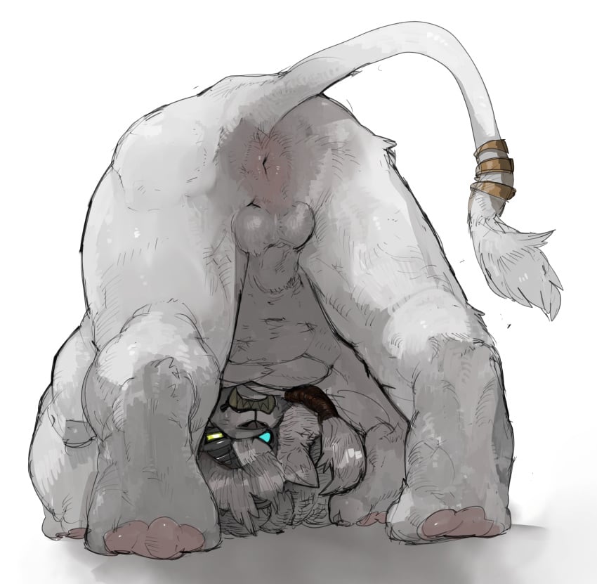 anatomically_correct anatomically_correct_anus animal_genitalia anthro anus ass ass_up backsack ball balls bent_over blue_eyes digitigrade empty_eyes eye_patch eyewear fangs feline fully_sheathed fur grey_nose hairband hi_res league_of_legends lion liteu looking_through_legs male male_only mammal nude pawpads rengar riot_games sheath simple_background solo tail_ring tail_tuft teeth tuft video_games white_background white_fur yellow_eyes