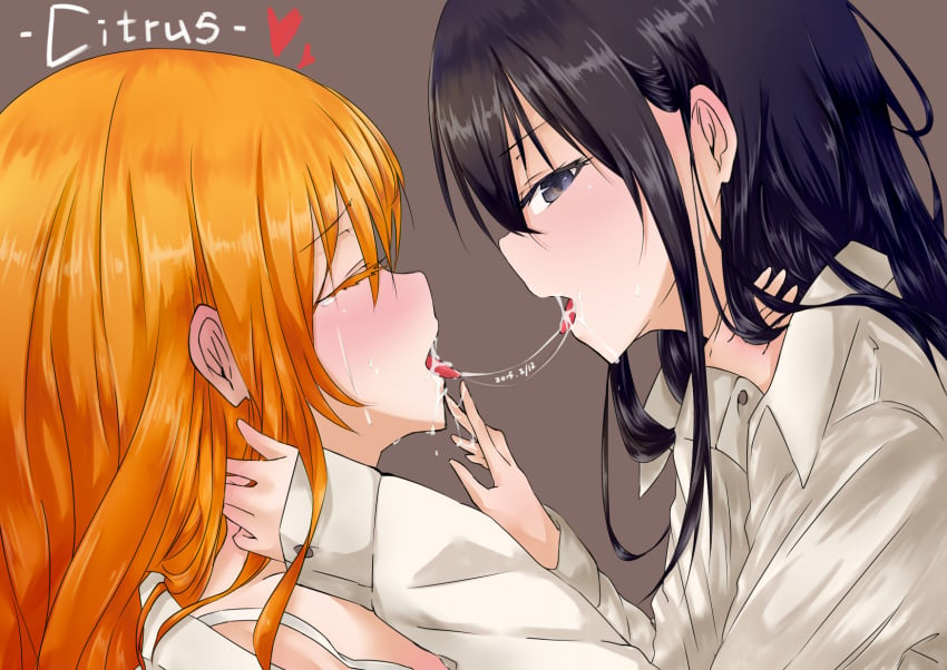 2girls aihara_mei aihara_yuzu black_hair blonde_hair blush citrus_(saburouta) clothing cum cum_in_mouth cum_swap dated female female_only long_hair looking_to_the_side multiple_girls sisters step-incest stepsibling stepsister stepsisters yuri