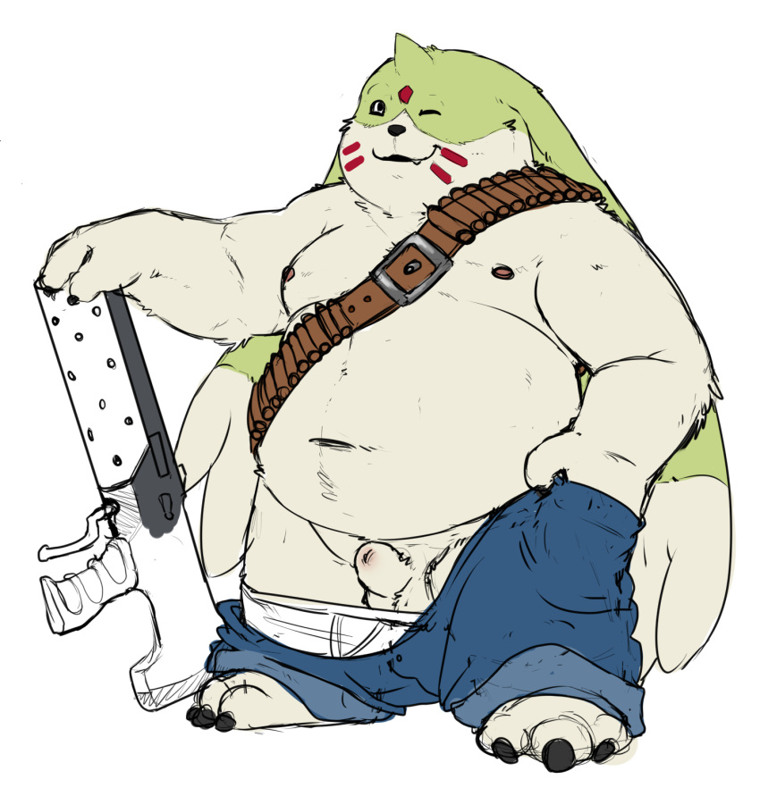 animal_genitalia anthro balls bandolier barefoot briefs clothed clothing cute_fangs digimon fully_sheathed gargomon gun hand_in_pocket hi_res horn jeans kronexfire long_ears looking_at_viewer male male_only mammal moobs navel nipples one_eye_closed overweight pants pants_down partially_clothed ranged_weapon sheath solo standing tighty_whities underwear underwear_down weapon wink
