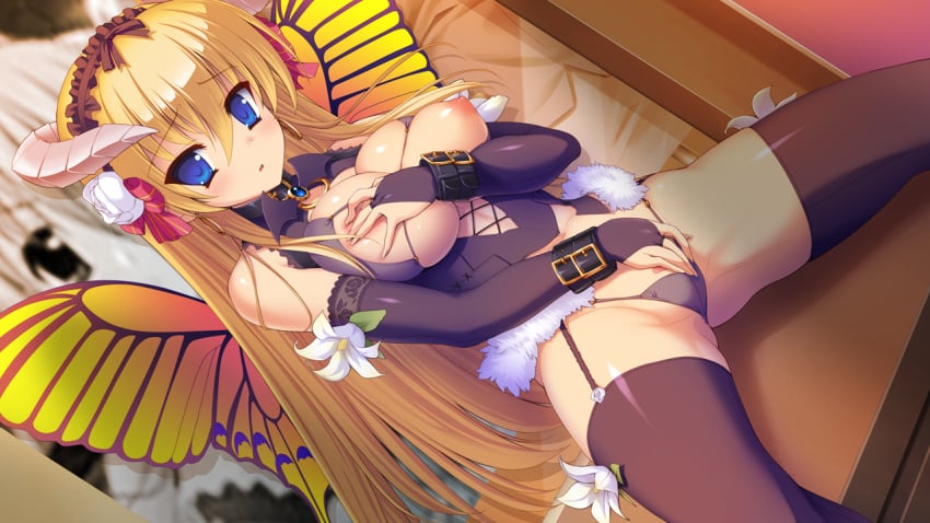 arch_eterna blonde_hair blue_eyes breast_hold breasts game_cg horns long_hair mahou_kenki_arch_calibur masturbation nipples thighhighs wings yuugure_pairo