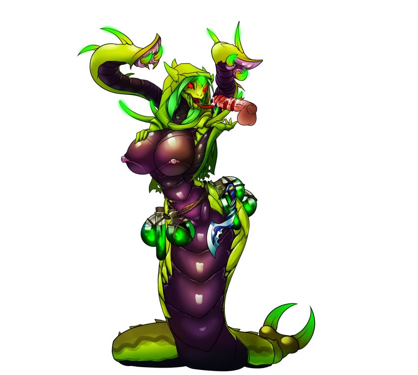 anthro balls breasts disembodied_penis dota dota_2 female front_view genderswap_(mtf) glowing glowing_eyes green_hair highres humanoid_penis large_breasts lewdreaper long_tongue male nipples oral penis precum pussy red_eyes red_tongue reptile rule_63 scalie simple_background snake straight tongue tongue_out tonguejob venomancer