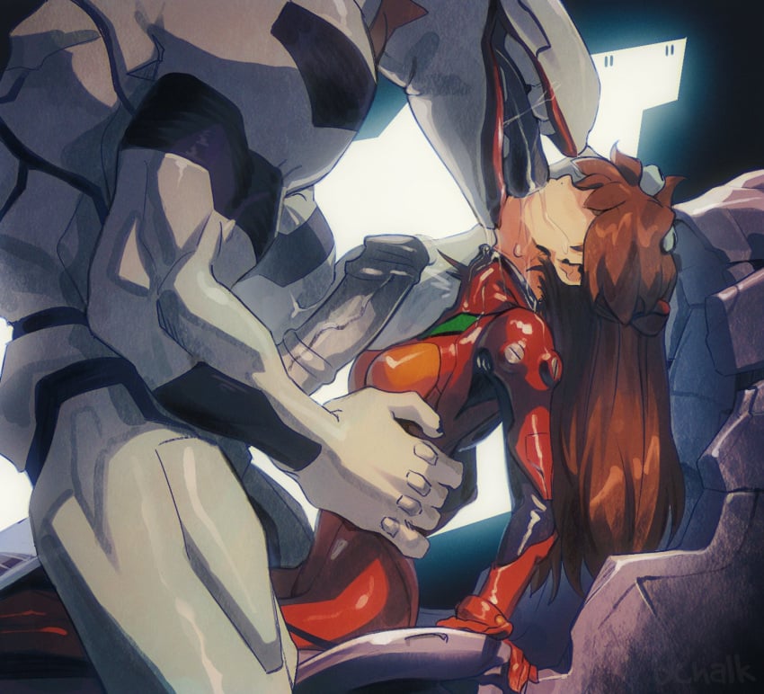 1boy bodysuit breasts brown_hair butterchalk commentary english_commentary erection female french_kiss highres imminent_rape interspecies kissing long_hair mass_production_eva mecha_pilot_suit medium_breasts monster neon_genesis_evangelion penis plugsuit red_bodysuit saliva souryuu_asuka_langley straight uncensored