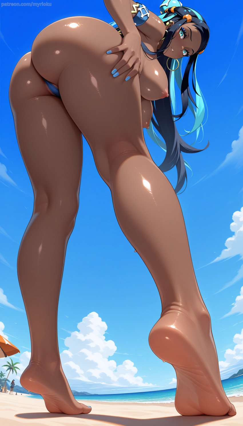 1girls ai_generated blue_eyes feet from_below gym_leader hi_res large_ass large_breasts myrioku nessa_(pokemon) nipples patreon_username pokemon pokemon_ss soles solo