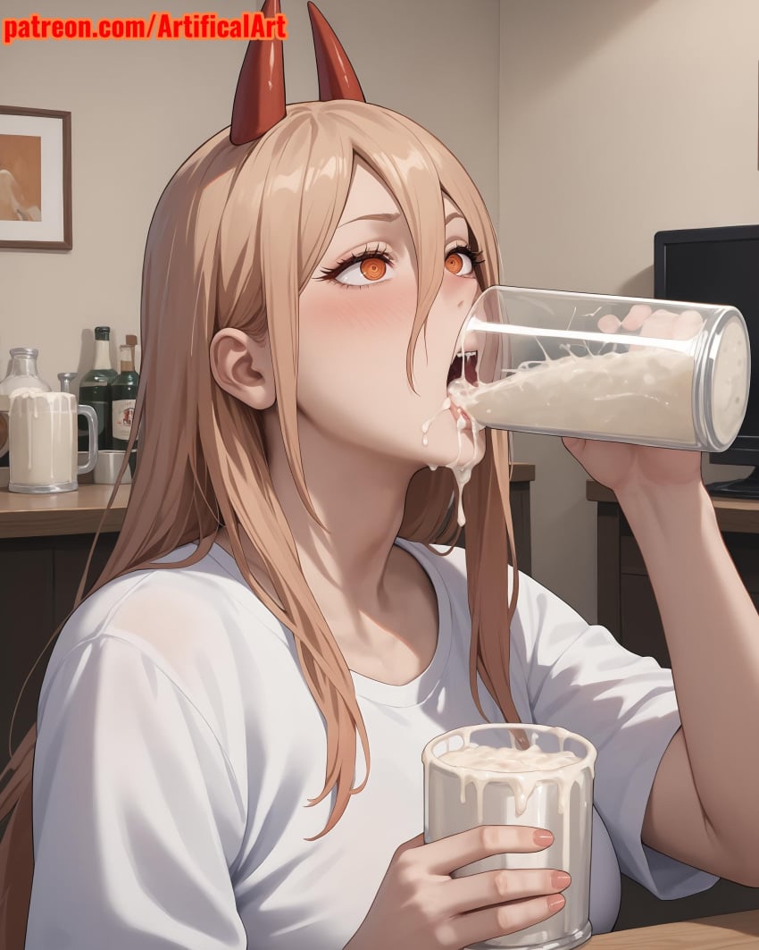 1girls ai_generated anime_girl artifical_art blonde_hair blush chainsaw_man cum cum_drinking cum_in_mouth demon_girl demon_horns dripping_cum dripping_semen hair_between_eyes horns light-skinned_female long_hair open_mouth orange_eyes power_(chainsaw_man) red_horns semen semen_in_mouth sharp_teeth solo