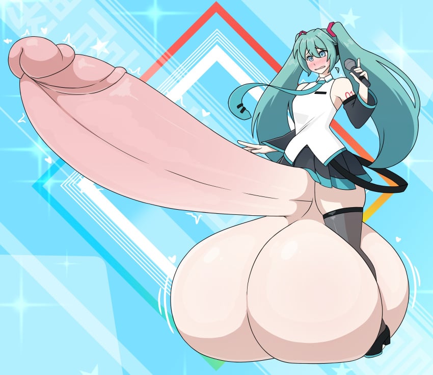 balls_expansion closed_mouth embarrassed full-face_blush futanari gigantic_balls gigantic_penis hatsune_miku hyper_balls hyper_penis immobile looking_down penis_expansion scared sequence takano_(artist) vocaloid worried