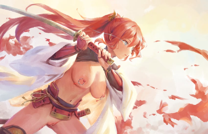 armor bigrbear blue_eyes breasts female glowing glowing_eye highres holding holding_sword holding_weapon japanese_armor katana large_breasts long_hair navel original ponytail pussy red_hair samurai solo standing sword thighs uncensored weapon