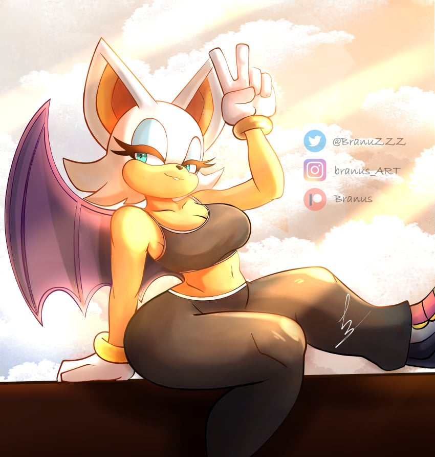 2d 2d_(artwork) 2d_artwork bat_ears bat_wings belly_button big_ass big_breasts big_butt blue_eyes blue_eyeshadow bracelets branuzzz bubble_ass bubble_butt eyelashes gloves half-closed_eyes looking_at_viewer peace_sign rouge_the_bat rouge_the_bat_(olympic_games) sega shoes sonic_(series) sonic_the_hedgehog_(series) sports_bra sports_pants sunlight thick_ass thick_butt thick_hips thick_legs thick_thighs thin_waist white_fur