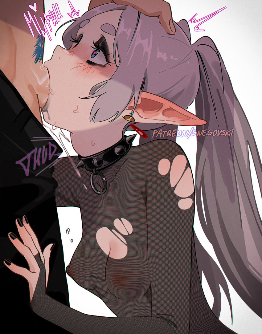 1boy 1girl artist_name black_nails blowjob blush choker deep_blowjob deepthroat elf elf_ears elf_female eyeshadow fellatio female frieren frieren_beyond_journey&#039;s_end goth goth_girl head_grab heart-shaped_pupils hi_res himmel_(sousou_no_frieren) long_hair looking_at_partner looking_up male nipples nipples_visible_through_clothing oral penis penis_in_mouth pointy_ears pubic_hair simple_background small_breasts snegovski sousou_no_frieren sucking sucking_penis torn_clothes twintails uncensored white_hair