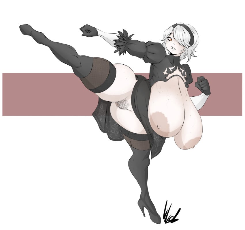 1girls ass big_breasts breasts breasts_bigger_than_head cosplay dullvivid female female_only goth_girl hairy_pussy huge_breasts lara_ravencroft large_breasts nier nier:_automata nier_(series) nipples original_character pubic_hair pussy sagging_breasts white_hair yorha_2b_(cosplay)