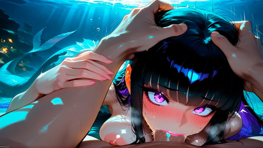 1female 1girls ai_generated bangs big_breasts black_hair blowjob breasts cleavage cock deepthroat dick exposed_breasts eyelashes eyeliner fantasy fellatio female female_focus female_only fin fins grabbing_head head_grab horny light-skinned_female light_skin long_hair looking_at_viewer mermaid mermaid_tail nerine_(stblfantasy) nipples oral oral_sex original patreon penis penis_in_mouth pov puffy_nipples purple_eyes purple_hair scales sensual sexy shinny_skin siren solo solo_female solo_focus stable_diffusion stblfantasy submarine underwater water wet wet_hair