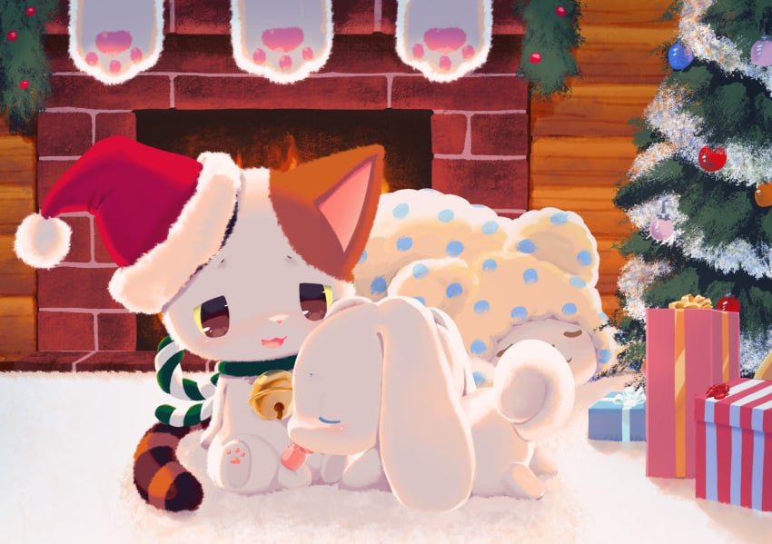 2023 3boys calico_cat canine christmas christmas_hat christmas_tree cinnamon_(cinnamoroll) cinnamoroll detailed_background domestic_cat fellatio furry furry_only gift gift_box kabukinyantaro male male_only marumofubiyori moppu pawpads polar_bear pooding sanrio semi-anthro sleeping small_penis white_fur