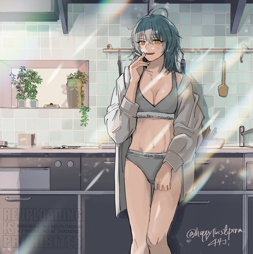 1girls best_girl blue_hair breasts calvin_klein chilling cigarette female female_focus female_only grey_bra grey_panties happy happytwistperm hoodie kitchen medium_breasts morning rion_akao sakamoto_days solo sports_bra yellow_eyes