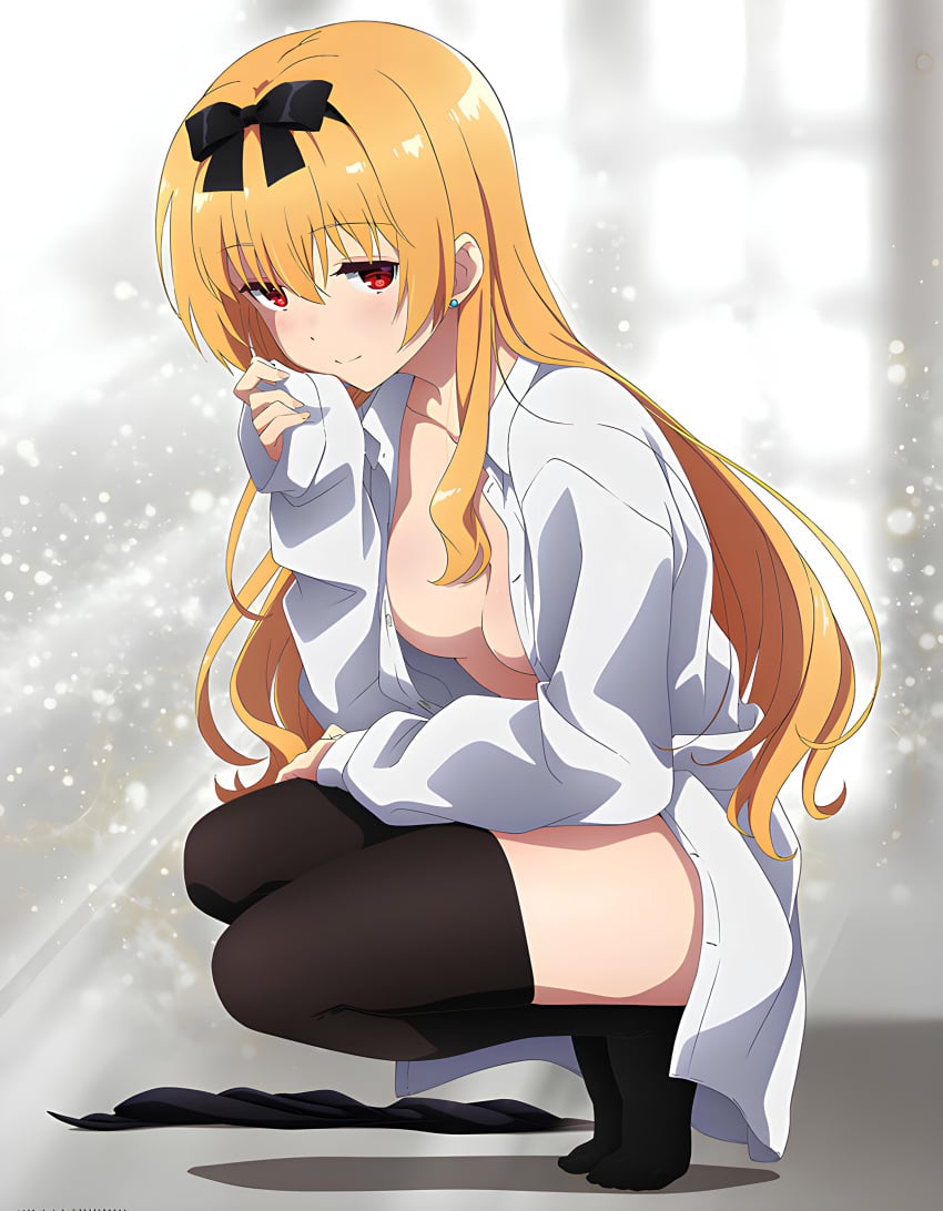 alternate_breast_size arifureta_shokugyou_de_sekai_saikyou black_thighhighs blonde_hair blush breasts cleavage closed_mouth collarbone earrings feet hair_ribbon long_hair long_sleeves medium_breasts naked_shirt no_bra official_art open_shirt red_eyes shirt_only smile squatting thighhighs thighs toes unbuttoned_shirt white_shirt yue_(arifureta)