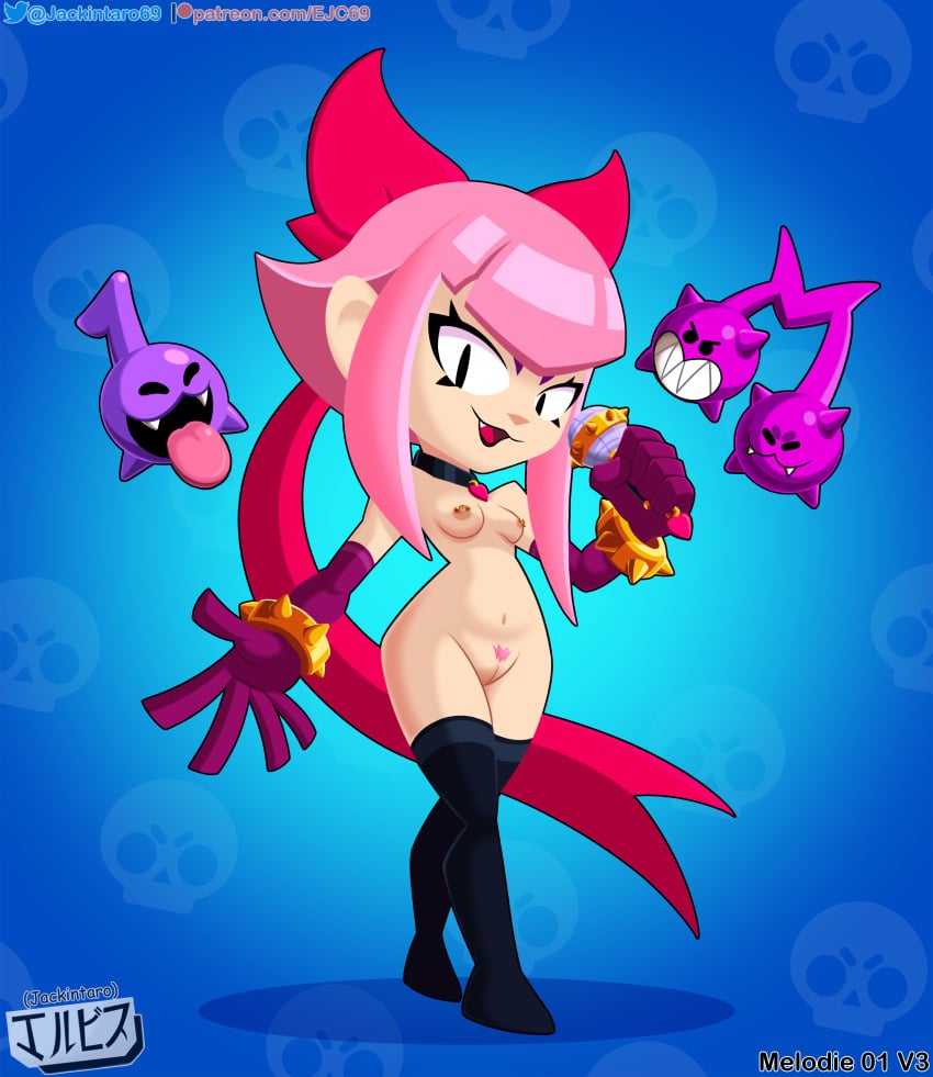 bracelet brawl_stars breasts clothing digital_media_(artwork) fanart female female_only gloves jackintaro lipstick looking_at_viewer melodie_(brawl_stars) microphone necklace nipple_piercing nipples nude oerba_yun_fang piercings pink_hair pussy pussy_hair ribbon simple_background stockings