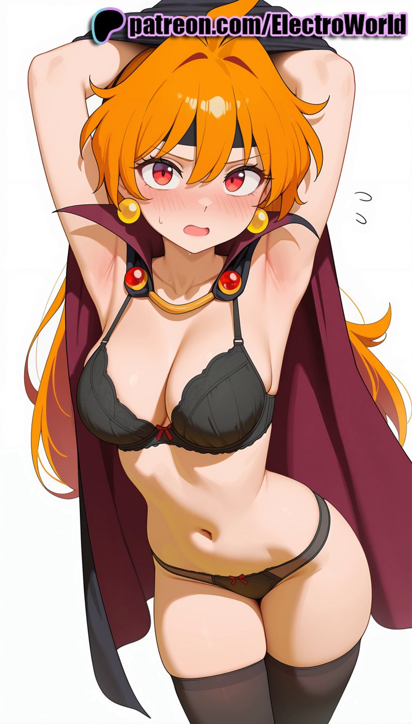 1girls 2025 ai ai_assisted ai_generated anime anime_girl anime_style armpits arms_behind_head arms_up artist_name average_breasts black_bra black_legwear black_panties blue_cape blush bra breast breasts breasts breasts bust cape chest earrings electroworld embarrassed female flying_sweatdrops hi_res high_quality high_resolution highres jewelry lina_inverse long_hair looking_at_viewer medium_boobs medium_breasts navel normal_boobs normal_breasts nose_blush open_mouth orange_hair panties patreon patreon_username red_eyes slayers solo stable_diffusion sweatdrop thighhighs thighs underwear watermark