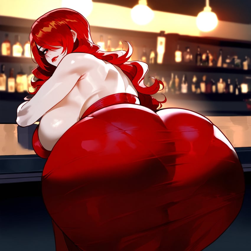 ai_generated ass ass_focus atlus bar bent_over big_ass big_breasts big_butt big_thighs cleavage closed_mouth curvy curvy_female curvy_figure dijiai dress focus from_front_position front_view hair_over_one_eye hourglass_figure inner_sideboob looking_at_viewer looking_back massive_ass massive_butt megami_tensei mitsuru_kirijo nsfw persona persona_3 red_eyes red_hair red_lipstick round_ass round_butt smiling standing thiccwithaq_(ai_style) thick thick_ass thick_butt thick_legs thick_thighs thighs wide_hips