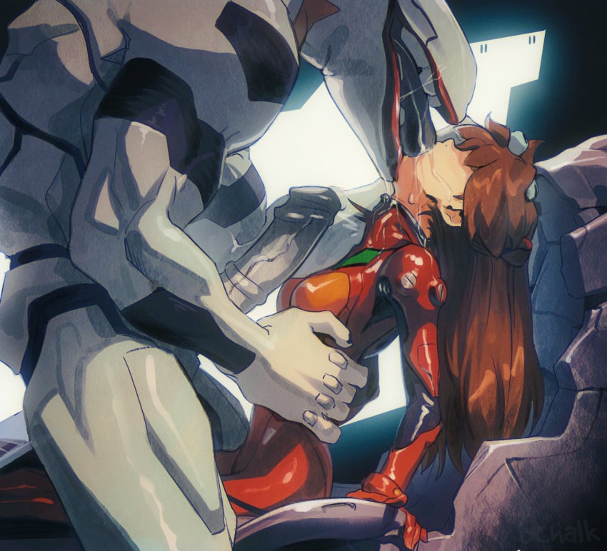 1boy bodysuit breasts brown_hair butterchalk cockpit commentary english_commentary erection female french_kiss highres imminent_rape interspecies kissing long_hair mass_production_eva mecha mecha_pilot_suit medium_breasts monster neon_genesis_evangelion penis plugsuit red_bodysuit red_plugsuit saliva souryuu_asuka_langley straight uncensored veiny_penis