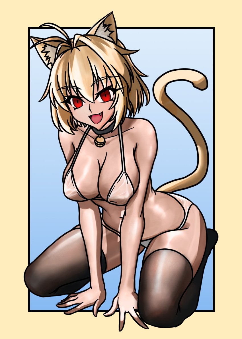 absurdres ahoge animal_ear_fluff animal_ears arcueid_brunestud ass athart bell black_thighhighs blonde_hair bra breasts cat_ears cat_girl cat_tail cleavage female full_body hair_between_eyes highres itakeabite large_breasts looking_at_viewer neck_bell oerba_yun_fang on_floor panties paw_pose red_eyes short_hair simple_background smile tail thick_thighs thighhighs thighs tsukihime underwear