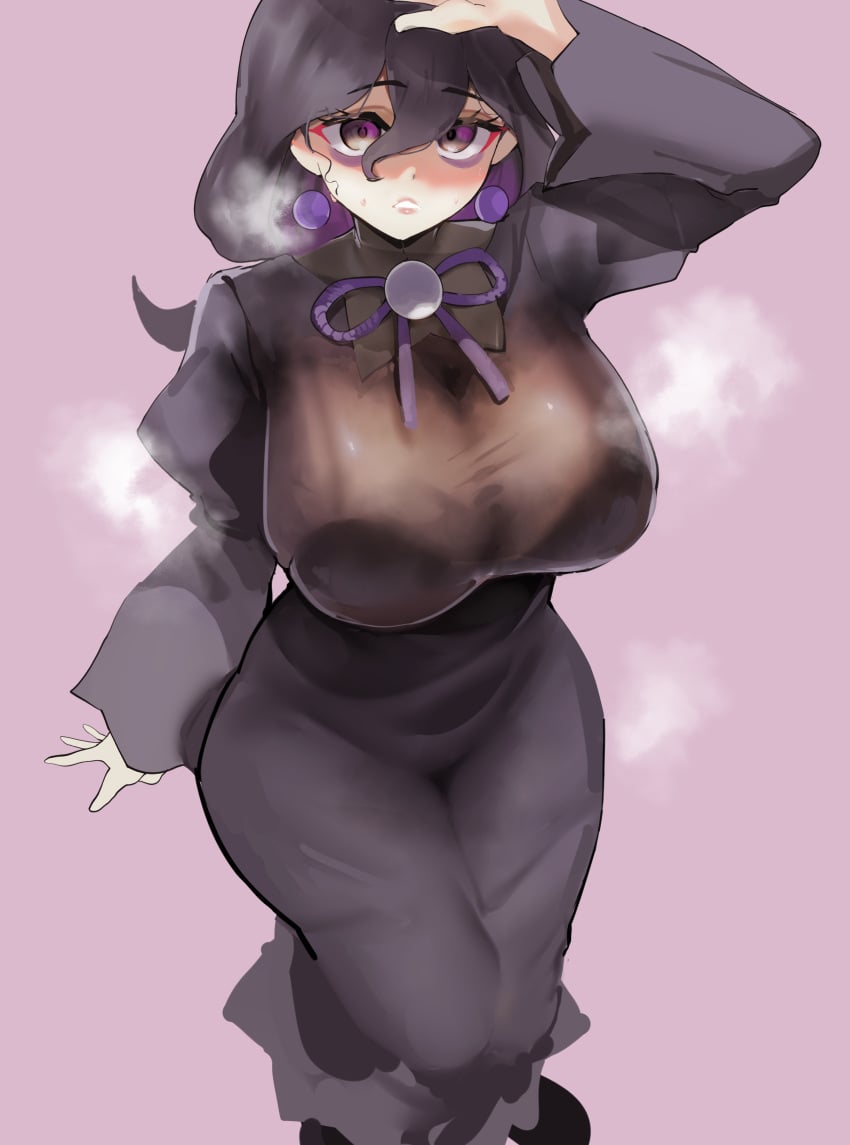 1girls ass big_ass big_breasts big_thighs breasts clothed_female female gigantic_ass gigantic_breasts gigantic_thighs hair hex_maniac hex_maniac_(z-a) huge_ass huge_breasts huge_thighs light-skinned_female milf nipple_bulge pokemon pokemon_legends:_z-a purple purple_eyes purple_hair solo solo_female sweat sweatdrop sweating thick_thighs thighs wet_clothes wet_clothing wet_pussy white_background yotahen