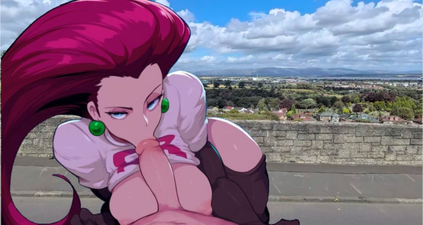 1girls ai_generated big_breasts big_penis blowjob fellatio female huge_cock jessie_(pokemon) large_breasts neon_lights nipples novelai oral paulinebabe pokemon straight team_rocket