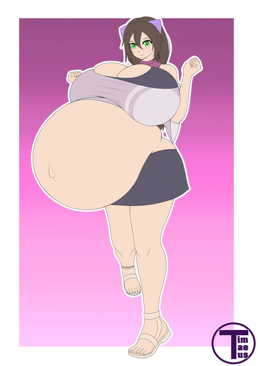 artist_name belly belly_bigger_than_head bloated_belly breasts breasts_bigger_than_head breasts_on_belly brown_hair clothing crop_top flat_colors gigantic_belly green_eyes hair_between_eyes huge_breasts hyper hyper_belly hyper_pregnancy original original_character pink_background pregnant pregnant_female ready_to_pop round_belly simple_background skirt someone_else's_oc standing timaeus