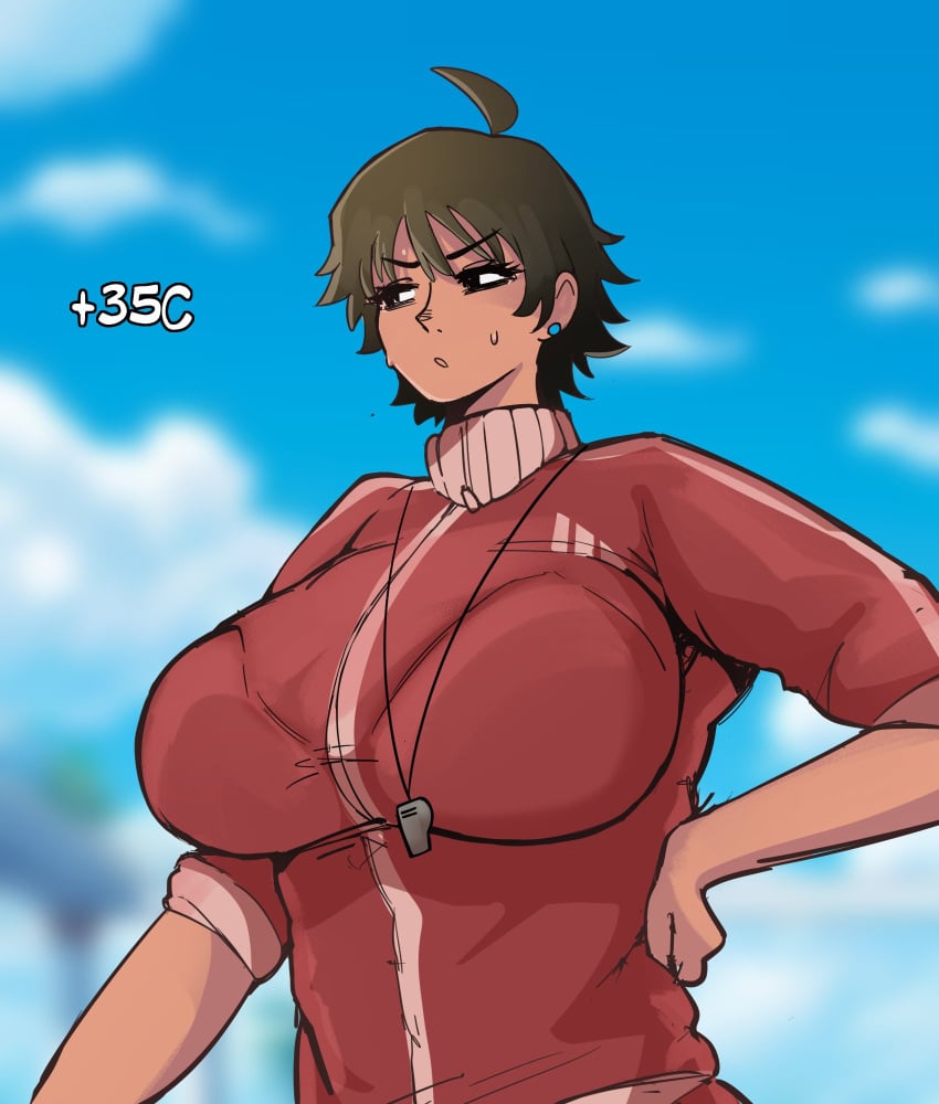 1girls 2025 2d_(artwork) ahoge amazonian black_eyes black_eyes_female blue_earring blurry_background boobs breasts busty busty_female clothed clothed_female cloud clouds coach earring february february_(month) female female_focus female_only female_teacher girl hand_on_own_hip huge_boobs huge_breasts huge_tits jacket looking_tired naoki_hanna no_sex numbers ocerius open_mouth outdoor outdoors outside red_jacket red_topwear red_track_suit safe_for_work short_hair short_hair_female sky solo_female sweat sweat_on_face tall_female tan-skinned_female tan_body tan_skinned_female tanned tanned_female tanned_skin teacher temperature tight_topwear tits track_jacket track_suit tracksuit twitter twitter_link twitter_user_oc whistle whistle_around_neck