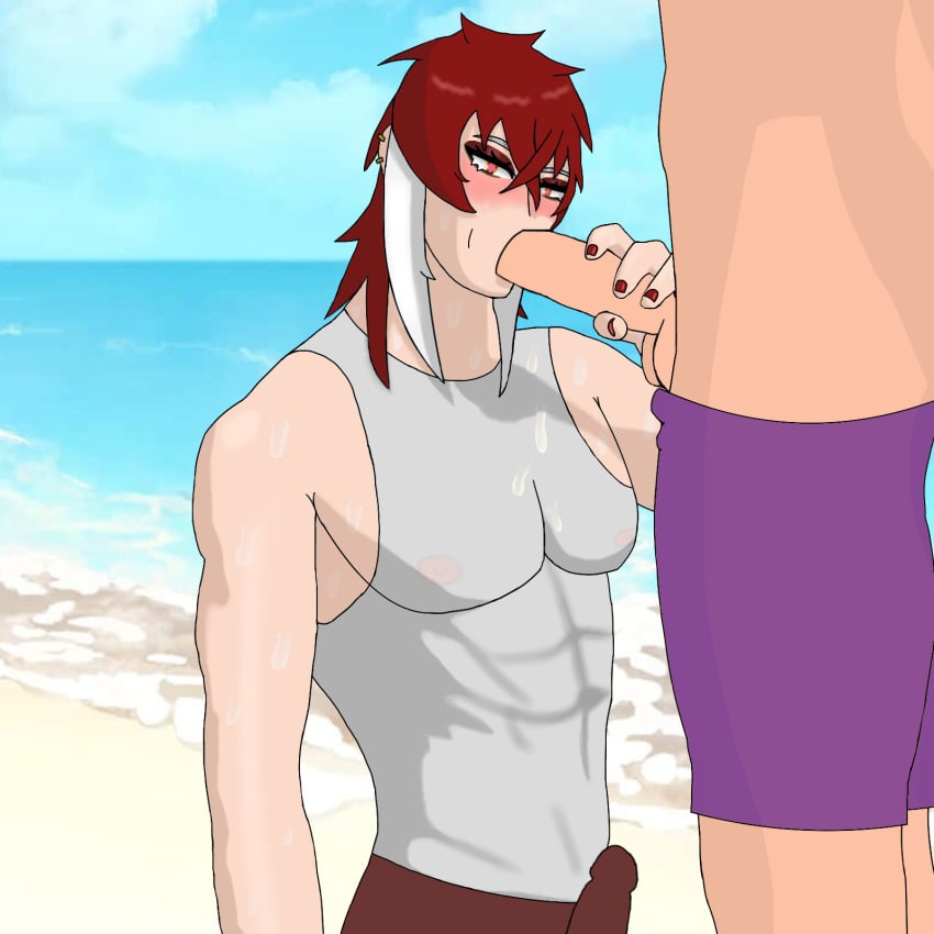 2boys abs ambush_(trap) antonius_drosera beach blowjob cum erect_nipples gay human male male_only multiple_boys muscular_male naked nude_male open_mouth oral oral_sex original original_character penis red_hair sitting swimsuit testicles twink uncensored vtuber yaoi