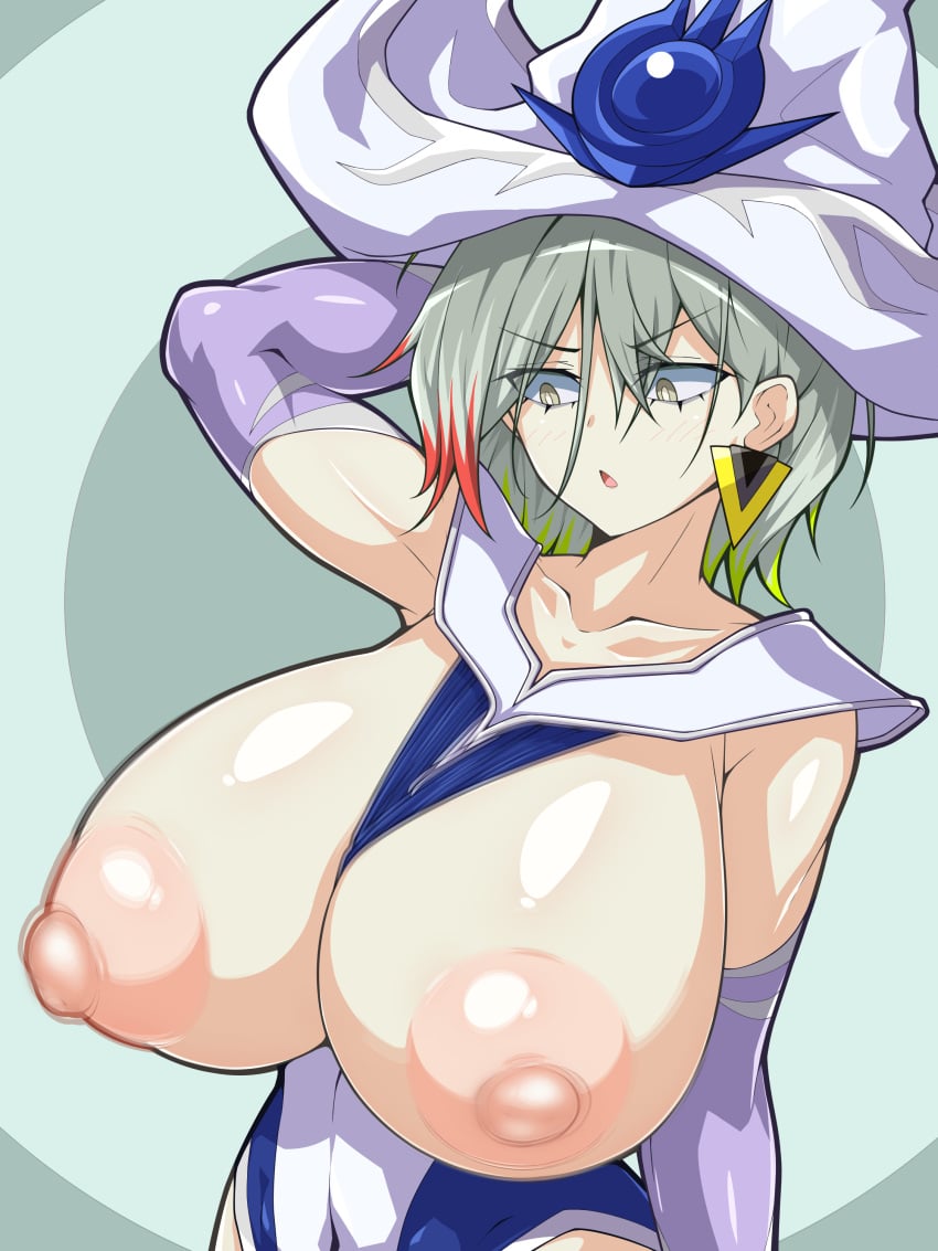 big_breasts cosplay diabellstar_the_black_witch earrings exposed_breasts gloves gray_eyes gray_hair hat highlights_(coloring) kumanosita looking_at_viewer movement_lines nipples sideboob silent_magician voluptuous yu-gi-oh!