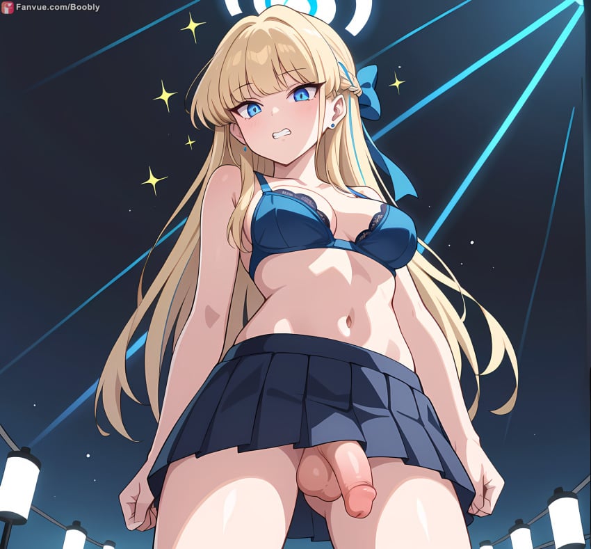 ai_generated asuma_toki blonde_hair boobly bra flaccid from_below futanari long_hair school_uniform schoolgirl skirt