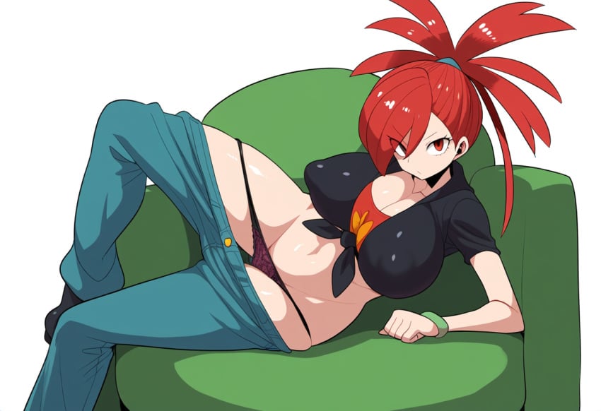 ai_generated big_breasts female female_focus female_only flannery_(pokemon) grin jeans looking_at_viewer mullon novelai panties pokemon pokemon_rse red_hair solo solo_female thick_thighs