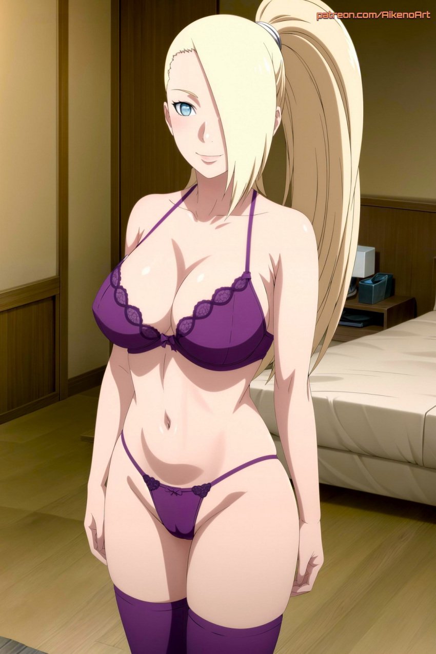 1girls ai_generated aikenoart ass ass_focus big_ass big_breasts blonde_hair blue_eyes boruto:_naruto_next_generations bra breasts female female_only from_behind hair_over_one_eye huge_ass ino_yamanaka legwear lingerie long_hair looking_at_viewer looking_back looking_back_at_viewer mature mature_female milf nai_diffusion naruto naruto_(series) pale-skinned_female pale_skin panties ponytail solo solo_focus stable_diffusion stockings thighhighs tied_hair underwear url very_long_hair voluptuous voluptuous_female watermark web_address