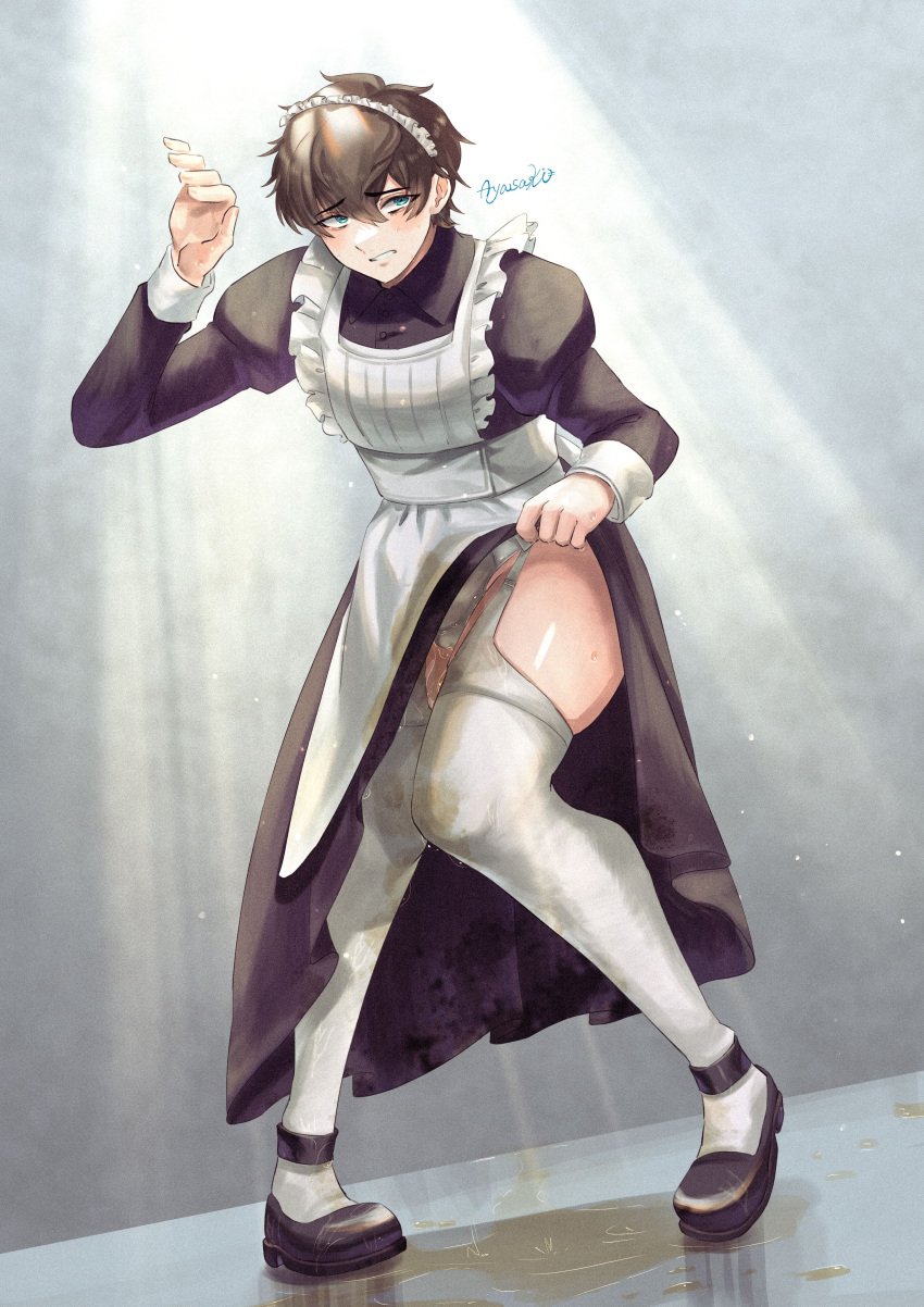 1boy ayasakisplit blue_eyes brown_hair crossdressing crying gay highres maid maid_headdress maid_uniform male omorashi original original_character panties peeing peeing_self penis stained_panties stockings tagme tears thighs urination watermark wet_panties wetting_self white_panties white_stockings