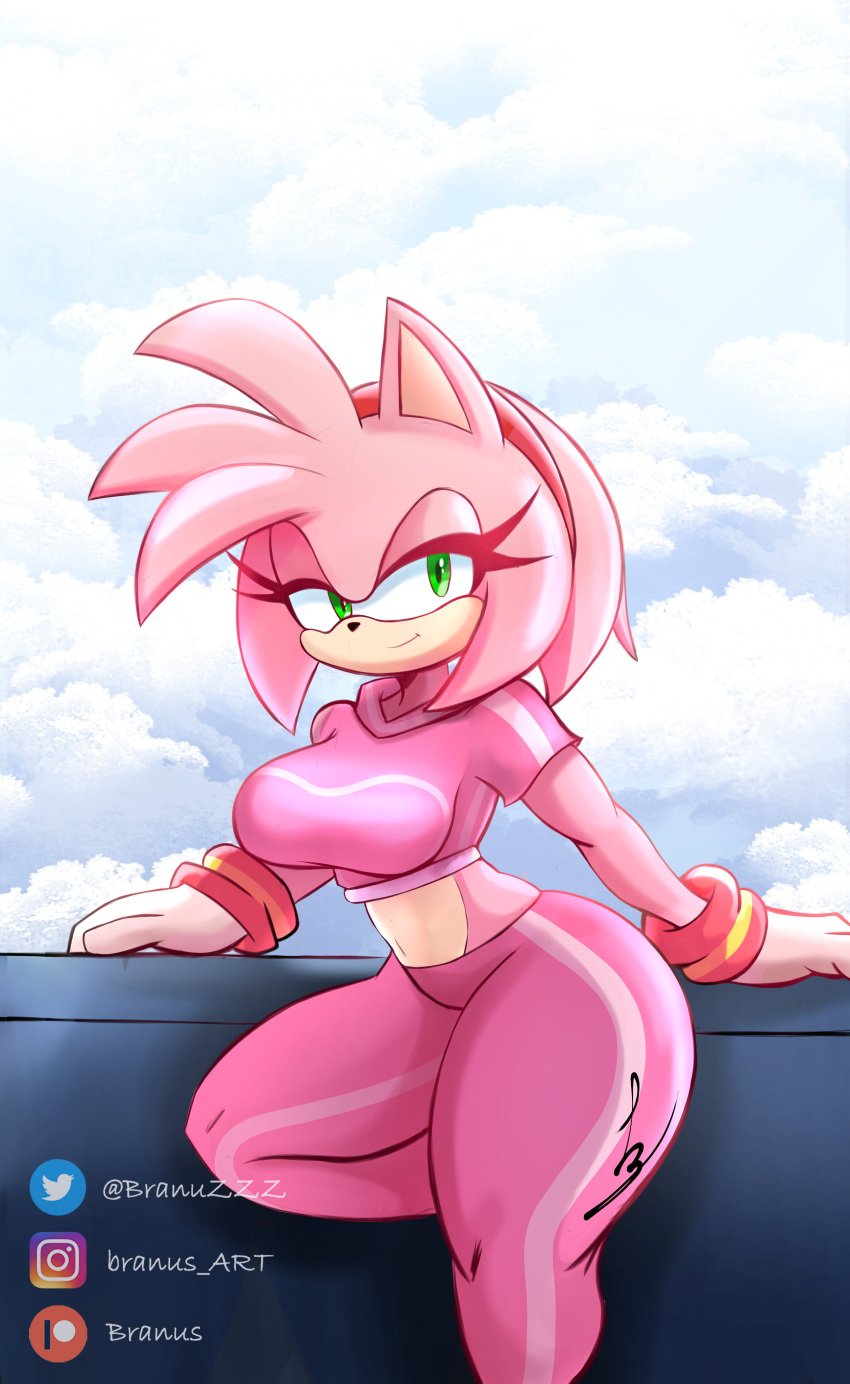 2d 2d_(artwork) 2d_artwork amy_rose belly big_booty big_breasts big_breasts big_breasts big_hips big_thighs big_titties black_nose blue_sky branuzzz breasts bubble_ass bubble_butt closed_smile clouds diadem eyelashes gloves green_eyes half-closed_eyes looking_at_viewer pink_fur sega sky sonic_(series) sonic_the_hedgehog_(series) sports_bra sports_pants sportswear spots thick_ass thick_butt thick_hips thick_legs thick_thighs thighs two_tone_fur