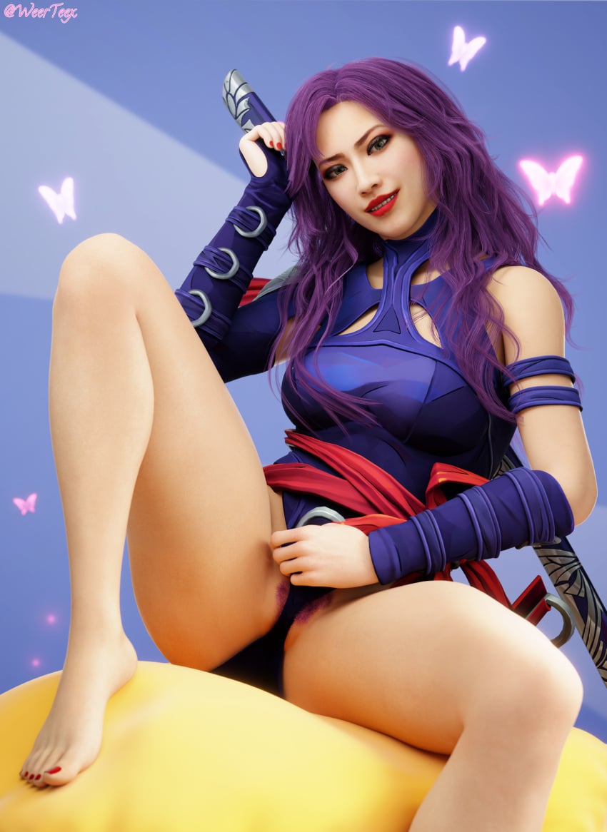 asian asian_female bush cosplay cosplaying_as_character crossover feet flashing flashing_pussy korean korean_female like_a_dragon_(series) marvel messy_hair mostly_clothed mostly_clothed_female painted_nails psylocke purple_hair pussy red_lips red_lipstick ryu_ga_gotoku ryuu_ga_gotoku seong-hui seonhee smirk smirking thighs weerteex yakuza_(series)