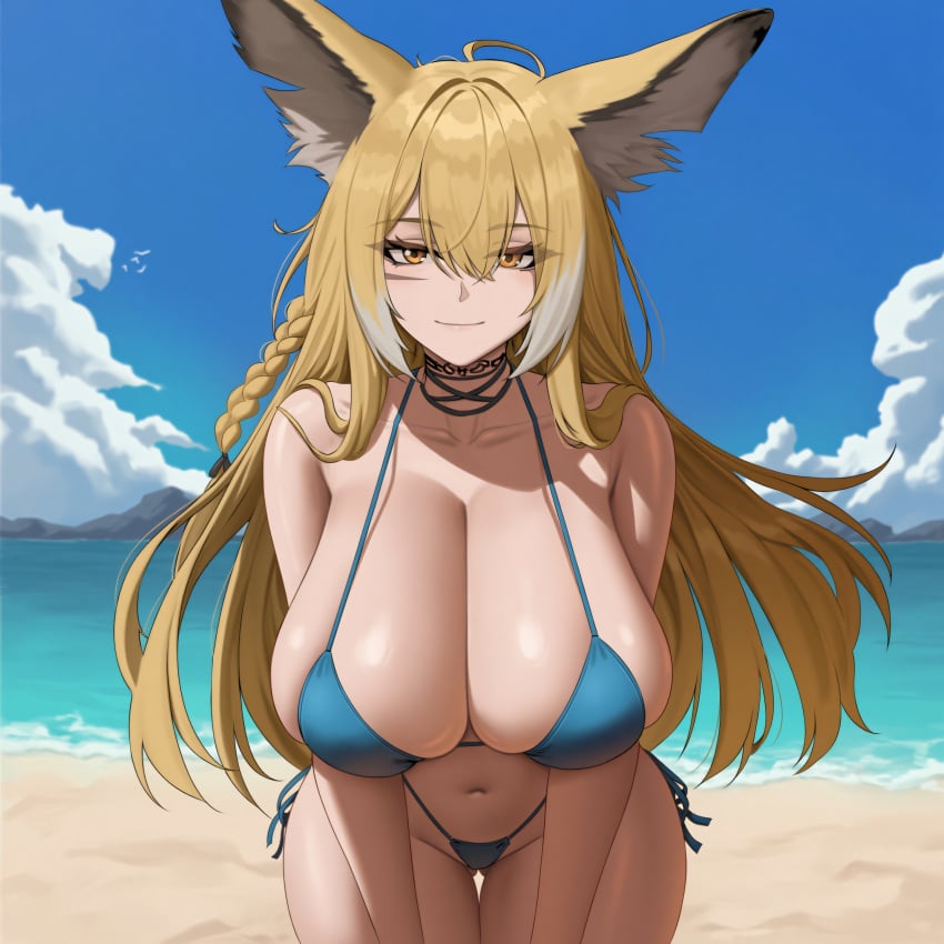 ai_generated animal_ears arknights beach blonde_hair blue_bikini hi_res large_breasts long_hair looking_at_viewer micro_bikini navel roxor smile solo vulpisfoglia_(arknights) wide_hips yellow_eyes