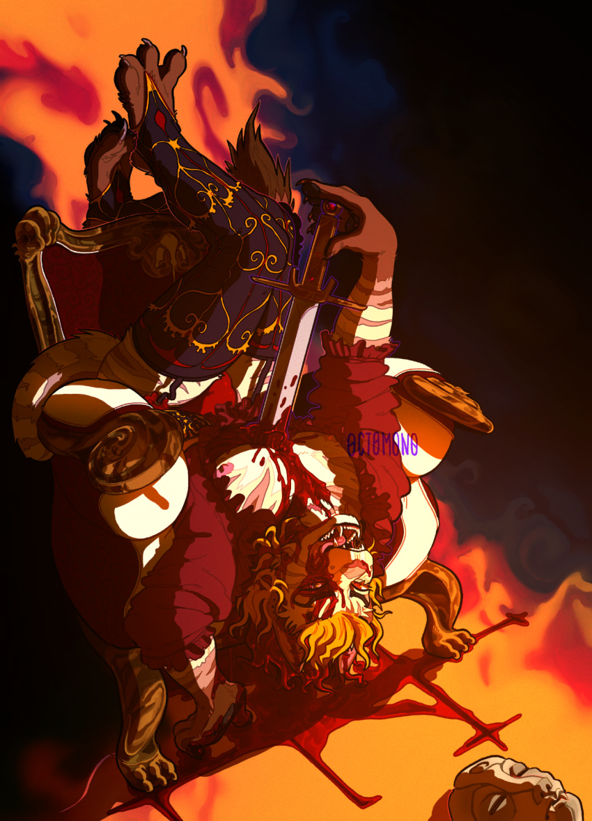 0ct0m0n0 anthro artist_name blonde_hair blood bodily_fluids brown_body brown_fur bulge chair clothed clothing fangs felid fur furniture gore hair hi_res legwear licking licking_lips licking_own_lips looking_at_viewer lying male mammal nipples on_back on_chair open_mouth red_clothing red_eyes red_topwear solo teeth text tongue tongue_out topwear white_body white_fur wounded