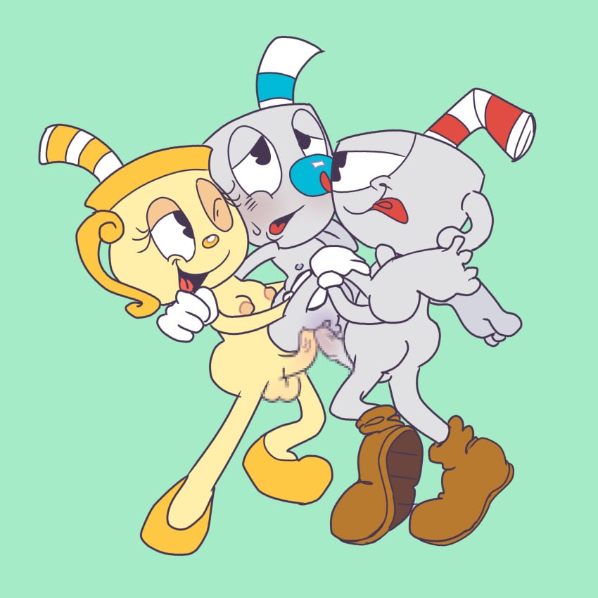 andromorph balls breasts cuphead cuphead_(game) female futanari male moraaaaaaa mosaic_censoring ms._chalice mugman penis pussy sex threesome