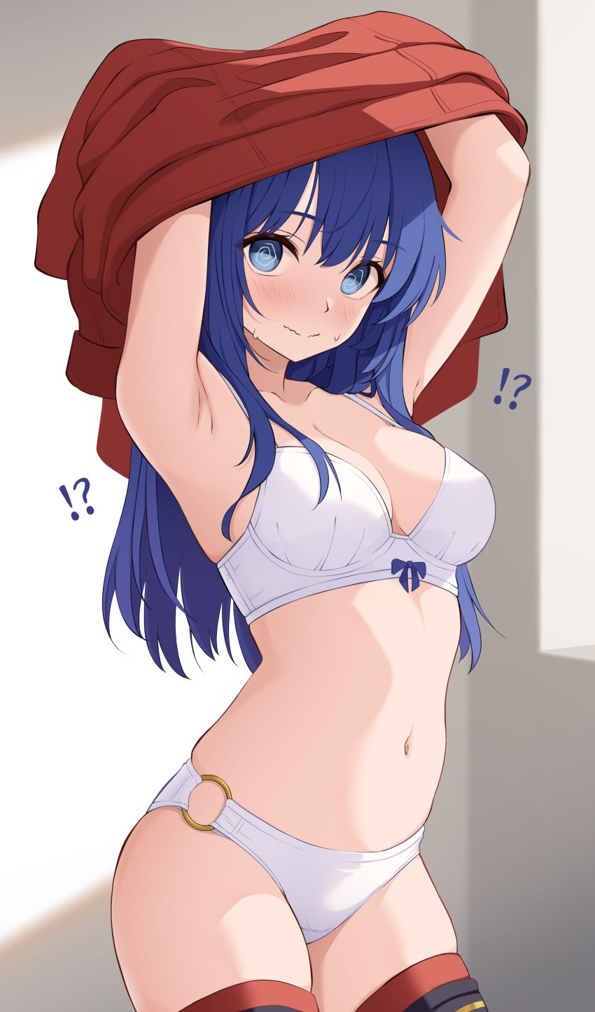 !? 1girls @_@ arms_up blue_eyes blue_hair caeda_(fire_emblem) embarrassed fire_emblem fire_emblem:_mystery_of_the_emblem fire_emblem:_shadow_dragon_and_the_blade_of_light indoors looking_at_viewer medium_breasts nintendo panicking panties shijima_tc skeb_commission surprised underwear undressing white_panties white_underwear