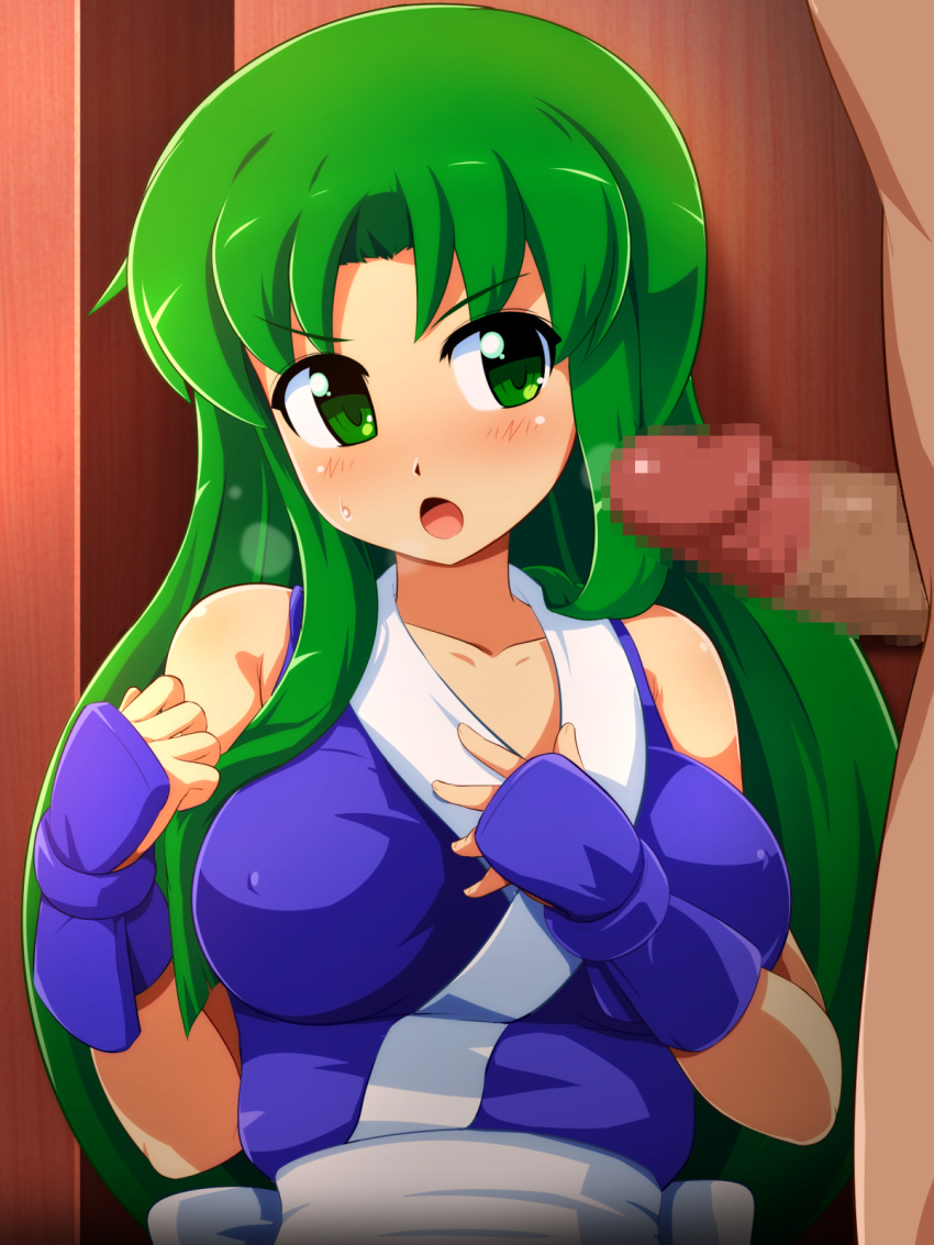 blush breasts censored dark-skinned_male female ganbare_goemon gloves green_eyes green_hair konpeto large_breasts long_hair ninja penis penis_awe yae_(ganbare_goemon)